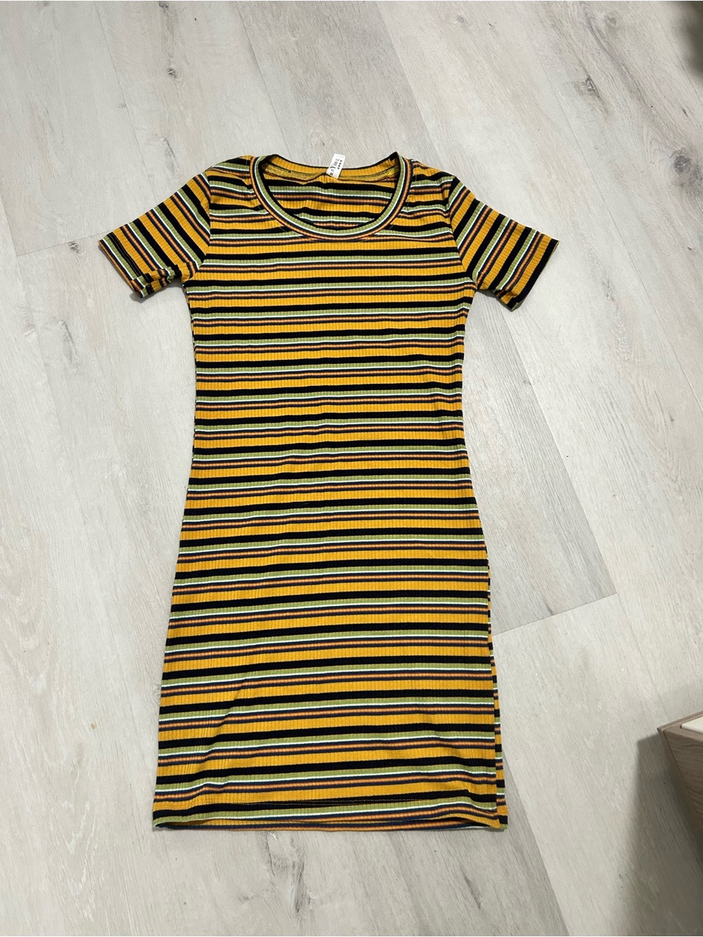 Striped Short-Sleeve Knit Dress in Mustard and Black